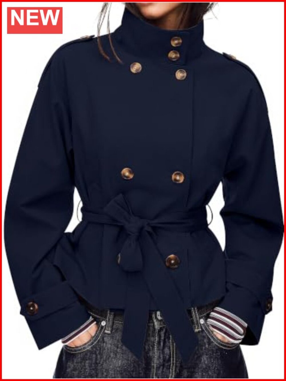 Cropped Trench Coat Double Breasted High Collar Short Jacket Women